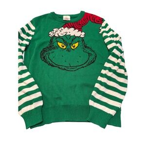Authentic Grinch Christmas Sweater Green White Striped Long Sleeve Sz. L 14 16